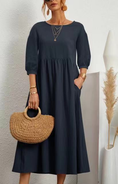 Damen Midi-Kleid mit Ballonärmeln und praktischen Taschen Drune