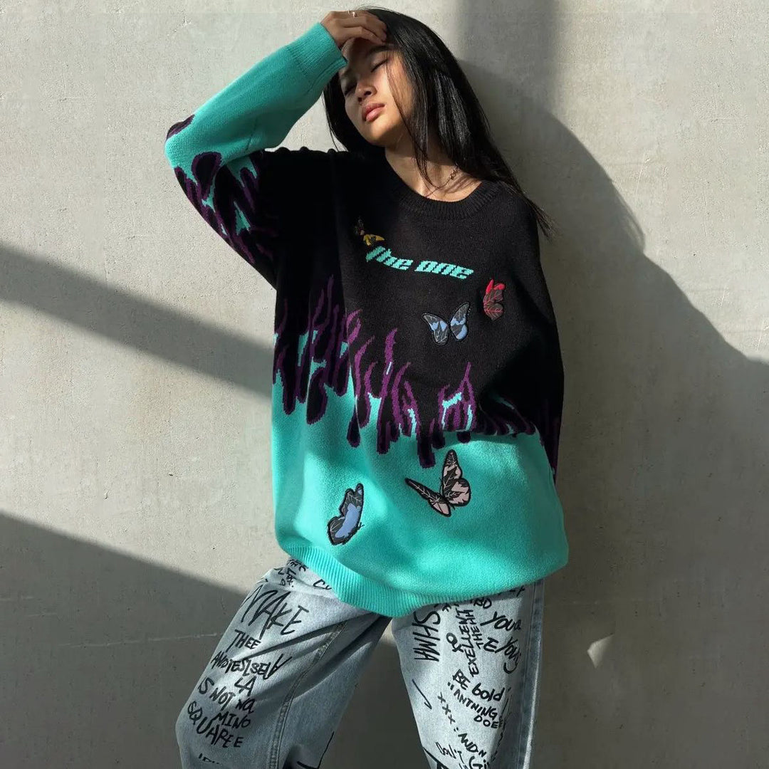 Damen Grobstrickpullover mit einzigartigem Flammen- und Schmetterlingsdesign Drune