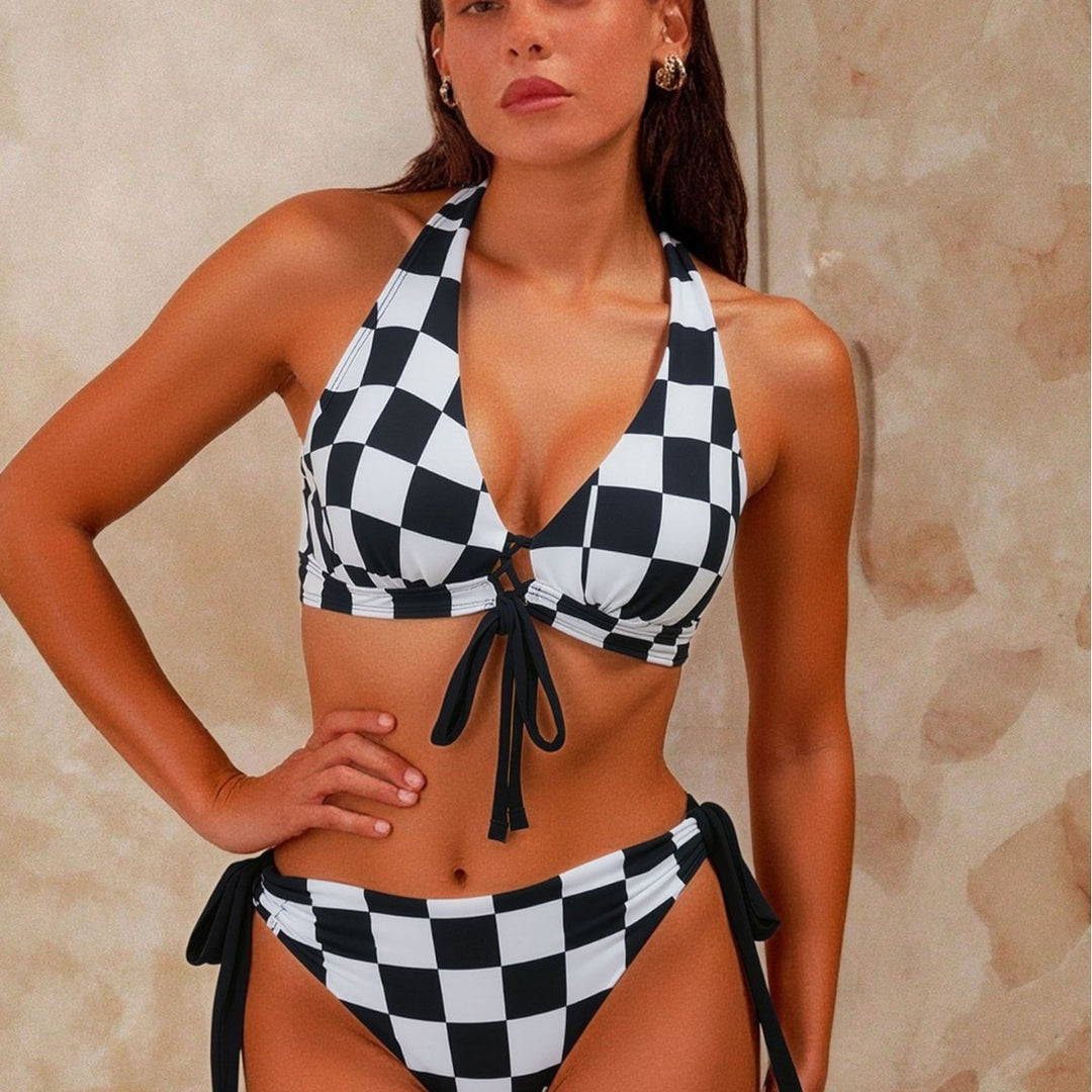 Damen Triangel-Bikini mit auffälligem Karomuster Drune