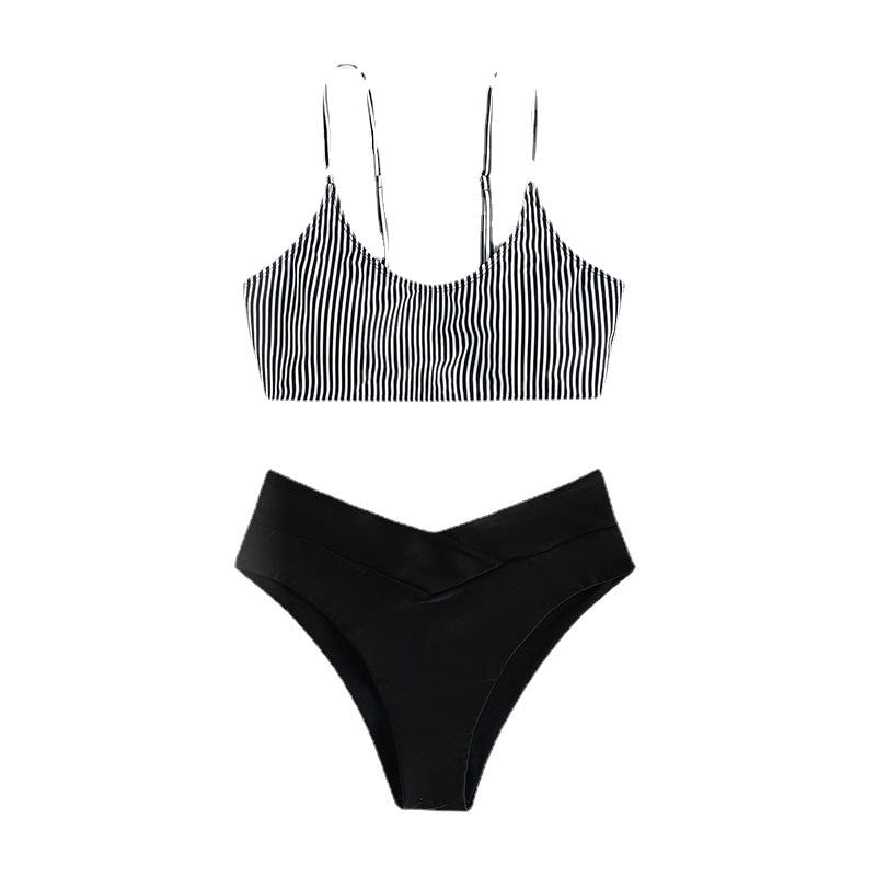 Damen Triangel-Bikini-Set mit modischem gestreiftem Oberteil und hochgeschnittenem Höschen Drune