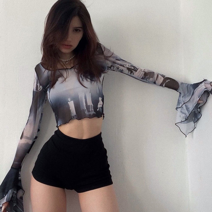 Damen Langarm Crop-Top mit kreative Grafik-Printdetails und ausgestellten Ärmeln Drune