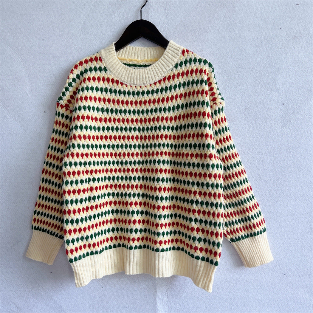 Damen lässiger Strickpullover mit buntem Rautenmuster und Rundhalsausschnitt Drune