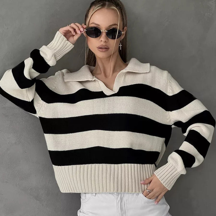 Damen Oversized Pullover mit klassischem Kragen und gestreiftem Design Drune