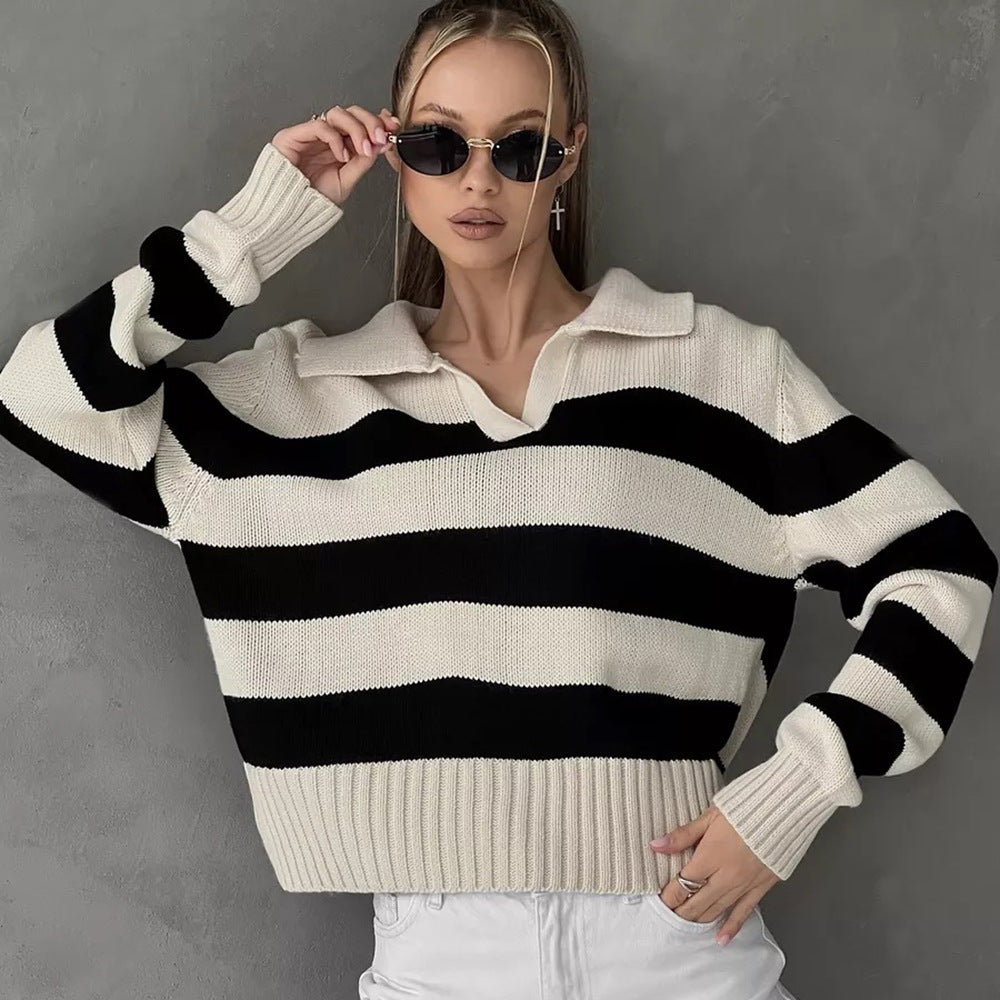 Damen lässiger Pullover mit V-Ausschnitt und breiten Streifen Drune