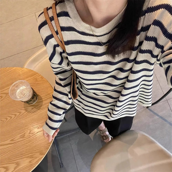 Damen Modischer Strickpullover mit maritimem Streifenmuster und lässigem Schnitt Drune