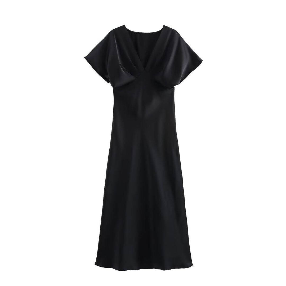 Damen Maxikleid mit elegantem V-Ausschnitt und fließendem Satin-Material Drune