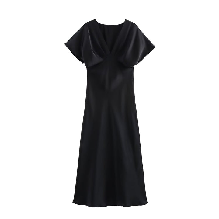 Damen Maxikleid mit elegantem V-Ausschnitt und fließendem Satin-Material Drune