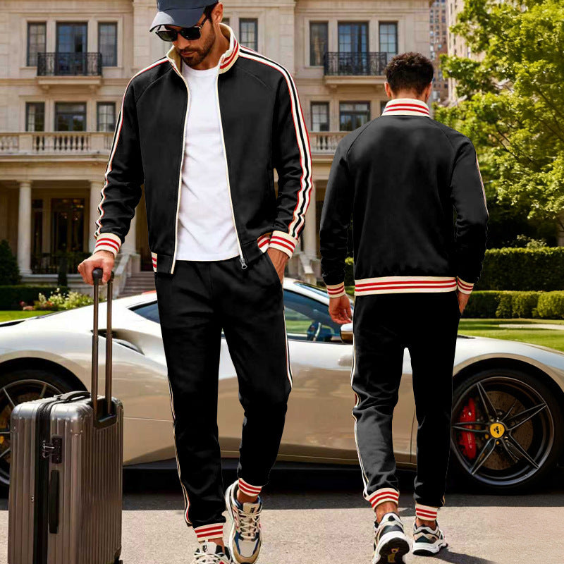 Herren nan sportiver Trainingsanzug mit gestreiften Rippbündchen, Reißverschlussjacke und tapered Jogginghose Drune