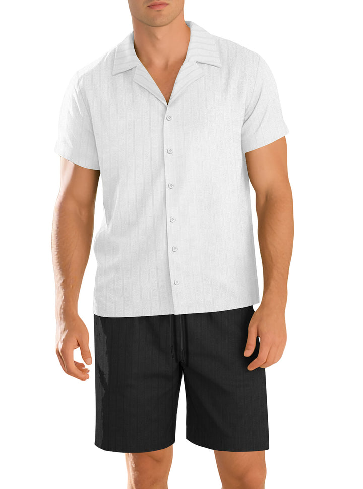 Herren nan Rippenstrick Lounge-Set mit Reverskragen Kurzarmhemd und Komfort-Bermuda Drune