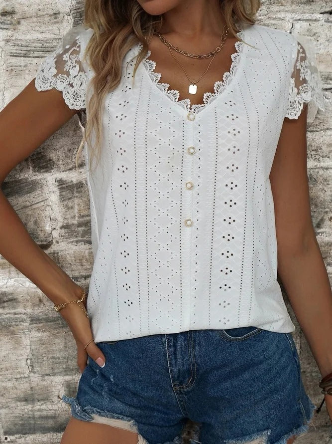 Damen Bluse mit romantischen Rüschen und einzigartiger Lochstickerei Drune