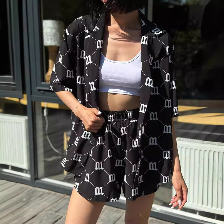 Damen lässiger Kurzarm Schlafanzug-Set mit stylishen Muster Drune