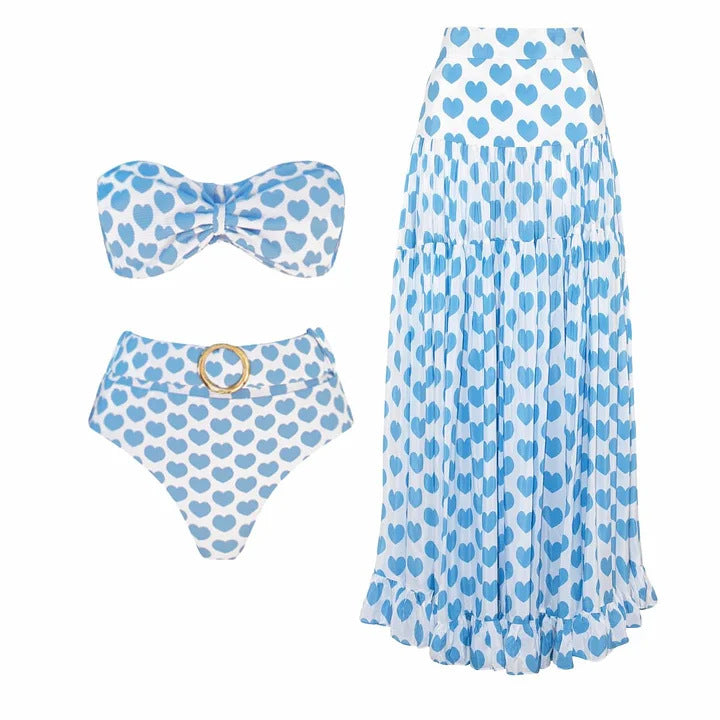 Damen Bikiniset mit herzförmigen Mustern und Rüschenrock Drune