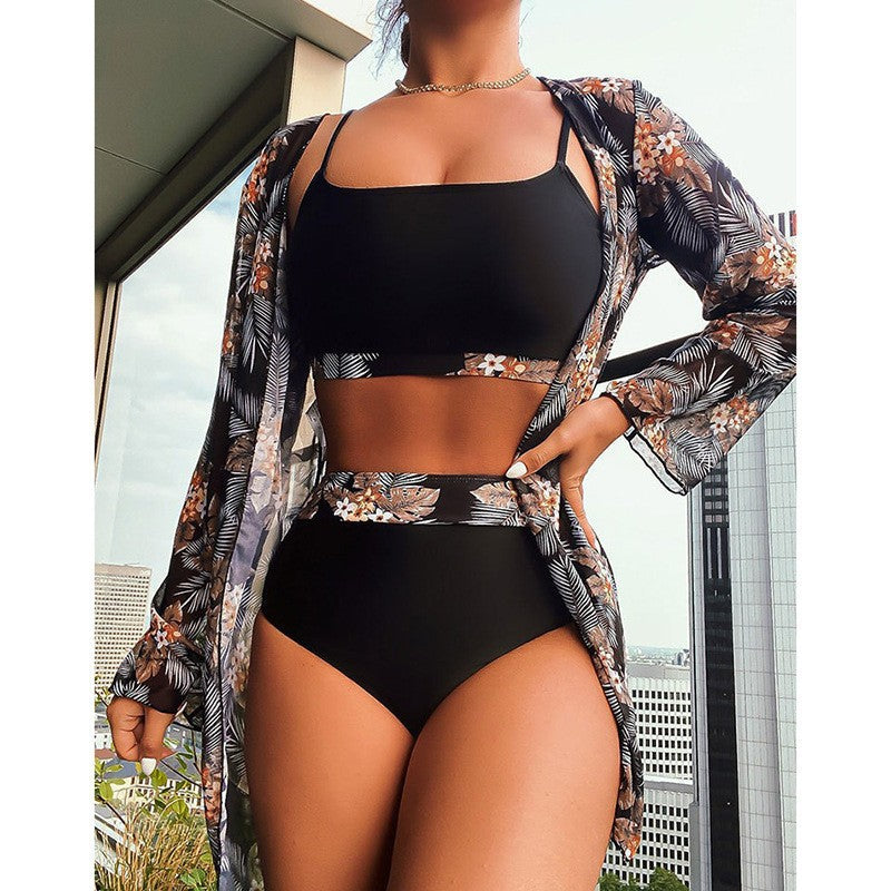 Damen Bikini-Set mit floralem Kimono und hochtailliertem Unterteil Drune