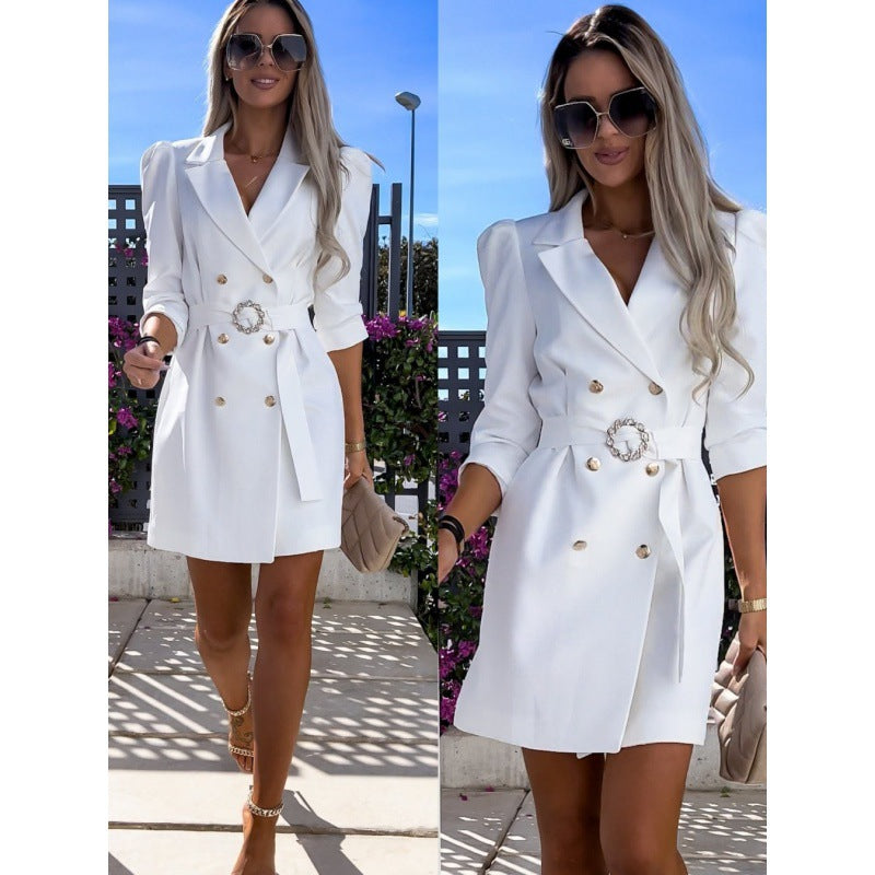 Damen elegantes Blazer-Kleid mit tailliertem Schnitt und dekorativer Brosche Drune
