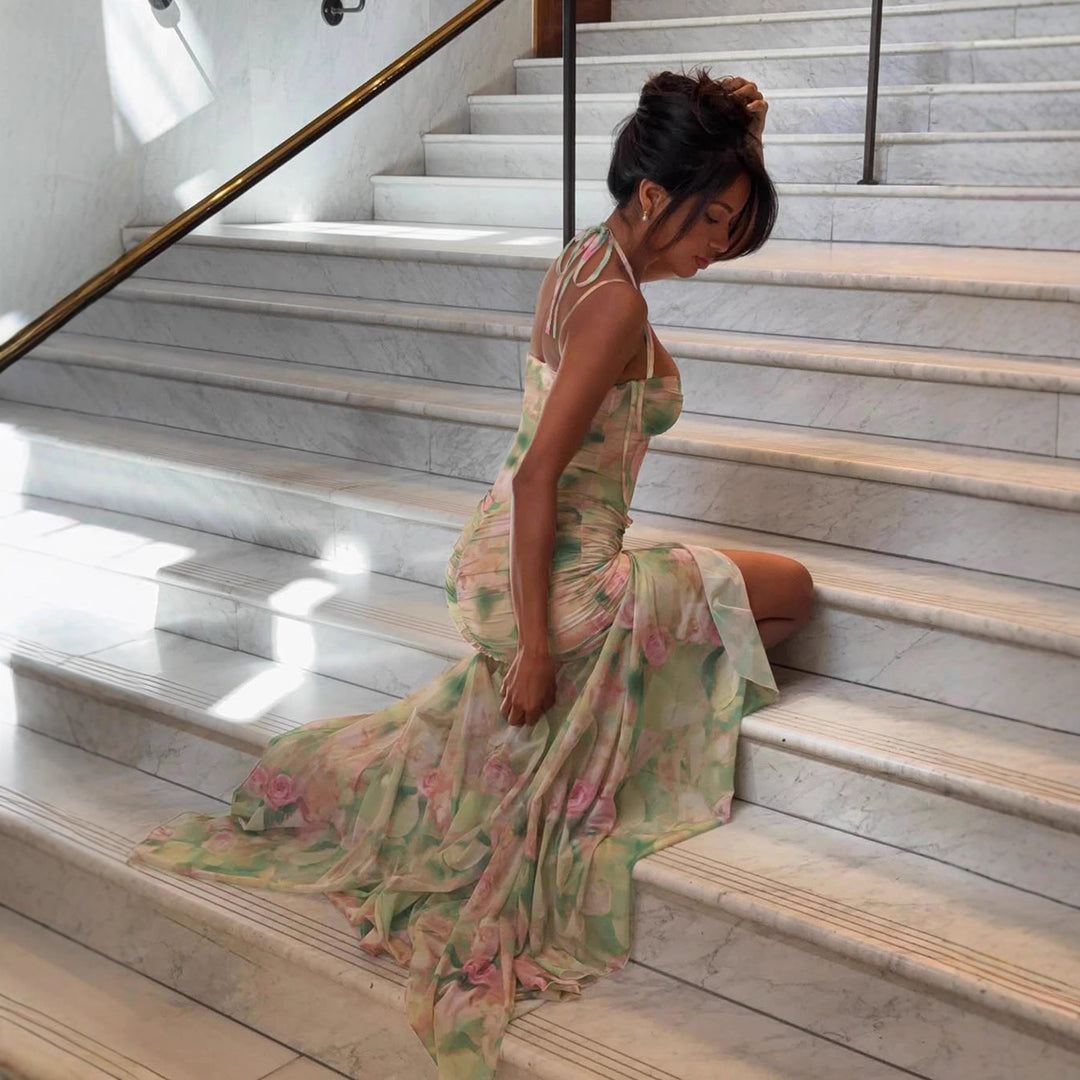 Damen Maxikleid mit fließendem Rüschendesign und floralem Muster Drune