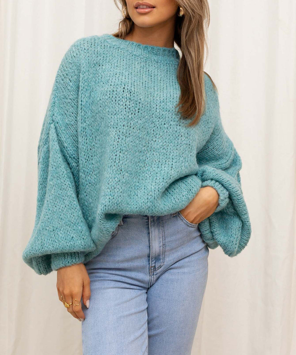 Damen Grobstrickpullover mit übergroßen Puffärmeln und hochgeschlossenem Kragen Drune