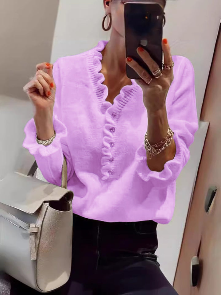 Damen Bluse mit fließendem Rüschendesign und Knopfleiste Drune
