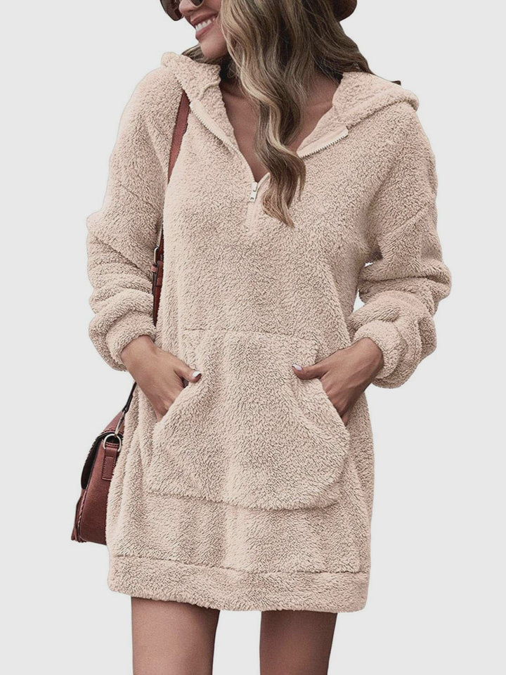 Damen Kuscheliger Hoodie-Kleid mit praktischen Taschen und halben Reißverschluss Drune