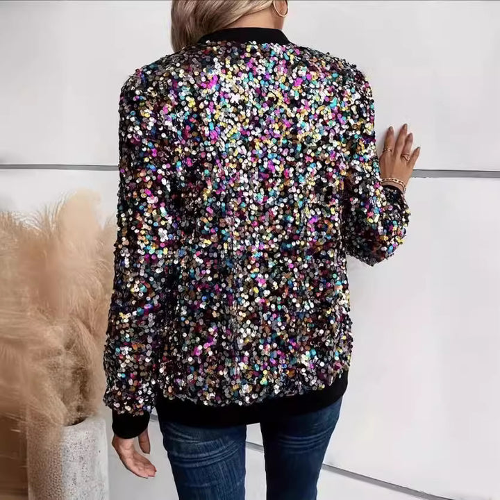 Damen Glitzer Bomberjacke mit funkelnden Pailletten und elastischen Bündchen Drune