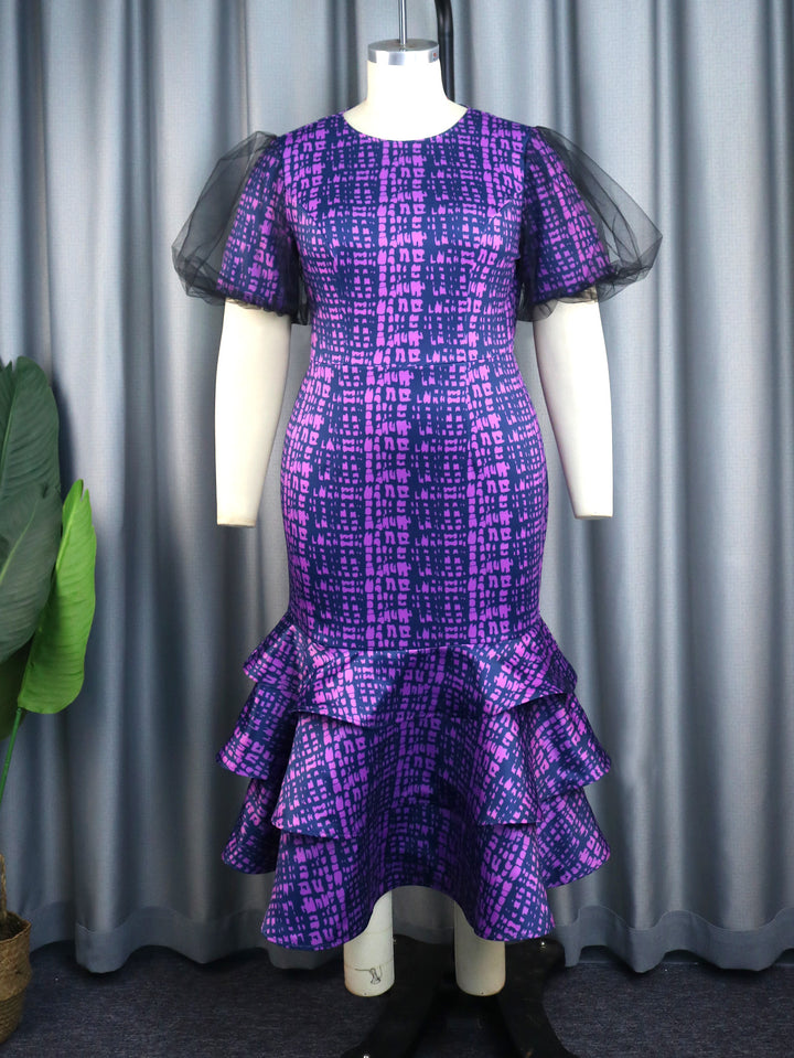 Damen Elegantes Kleid mit voluminösen Tüllärmeln und asymmetrischem Rüschenrock Drune