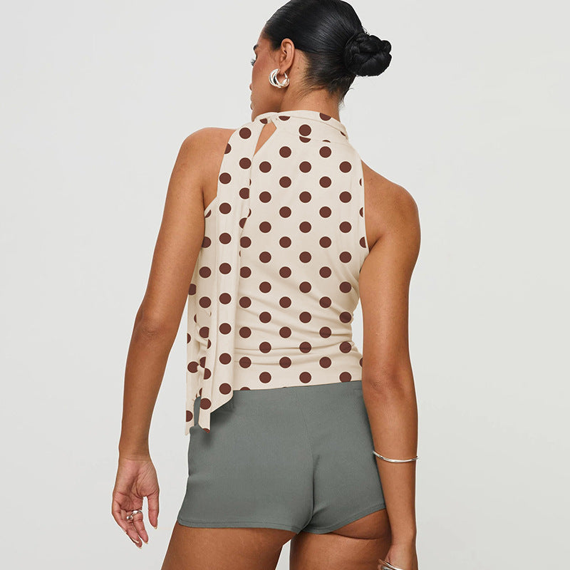 Damen asymmetrisches Polka-Dot-Top mit hohen Schnittlinien und elegantem Halterdesign Drune