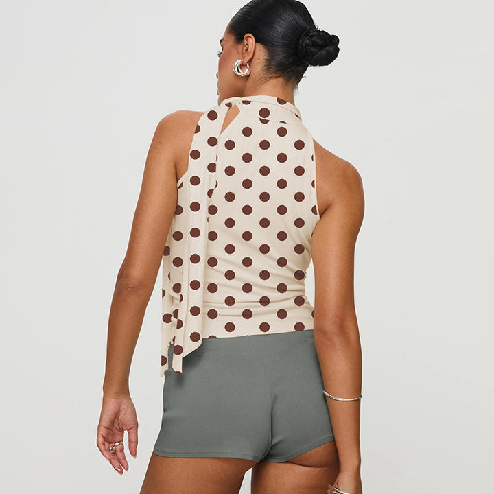 Damen asymmetrisches Polka-Dot-Top mit hohen Schnittlinien und elegantem Halterdesign Drune