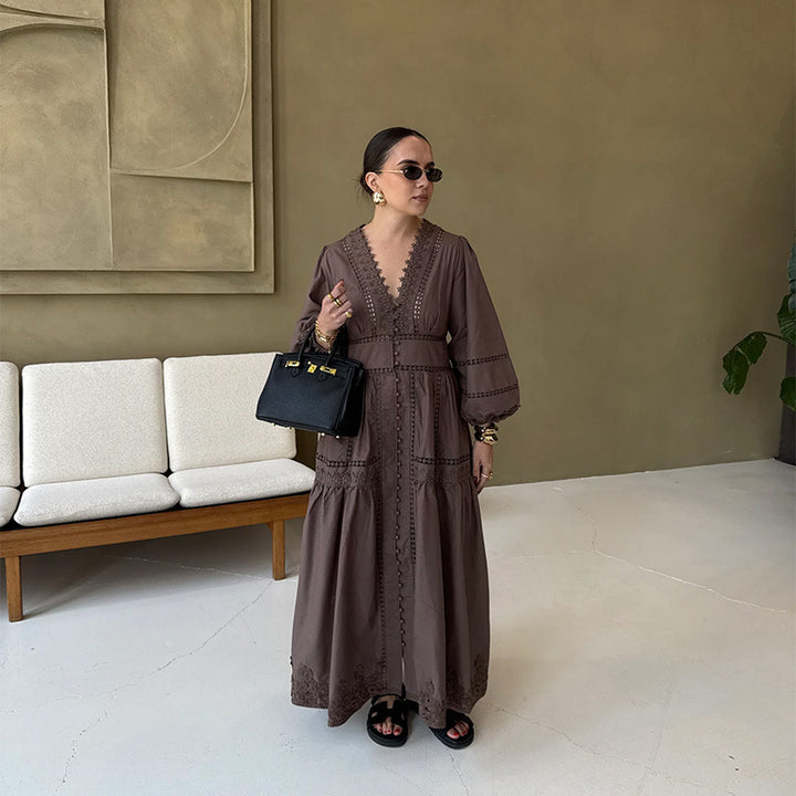 Damen Maxikleid mit kunstvollen Stickereien und luftigen Ärmeln Drune