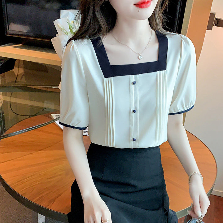 Damen Elegante Bluse mit Plissee-Details und kontrastierenden Akzenten Drune