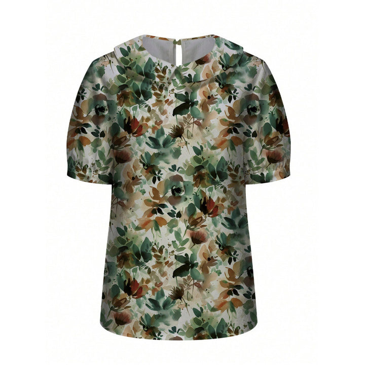 Damen Kurzarmbluse mit floralen Akzenten und klassischem Kragen Drune