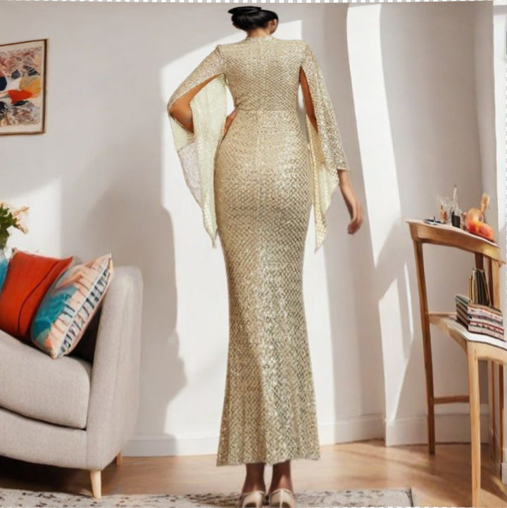 Damen Glamouröses Pailletten-Abendkleid mit schwingenden Ärmeln Drune