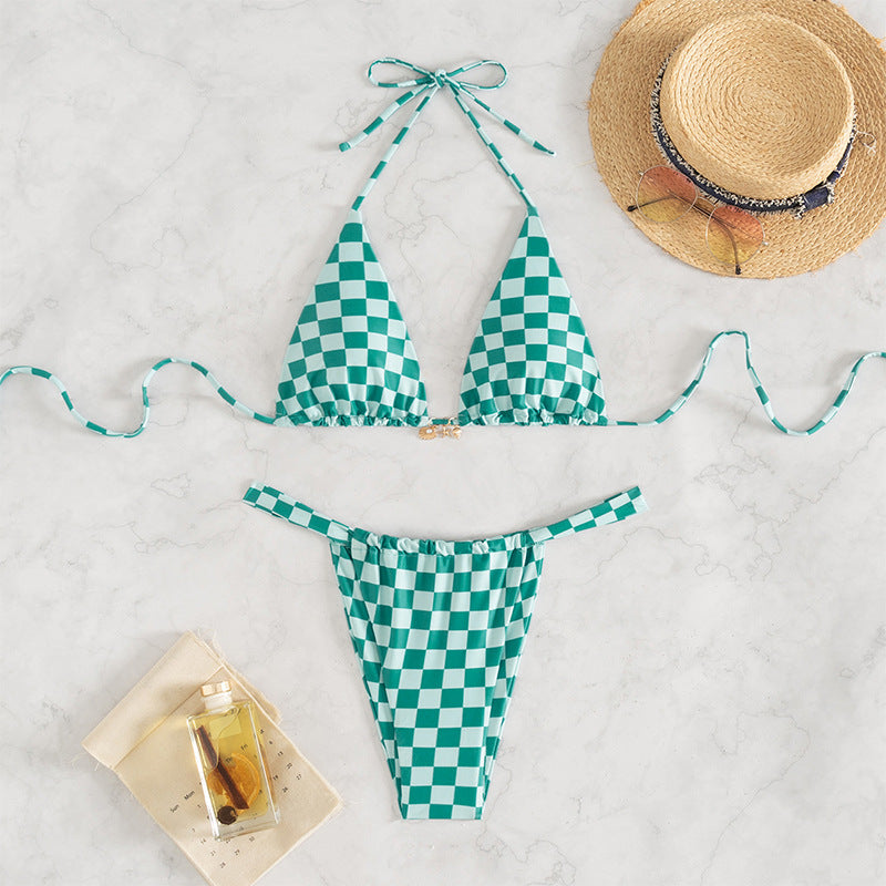Damen Triangel-Bikini mit modernem Karodesign und verstellbaren Bändern Drune