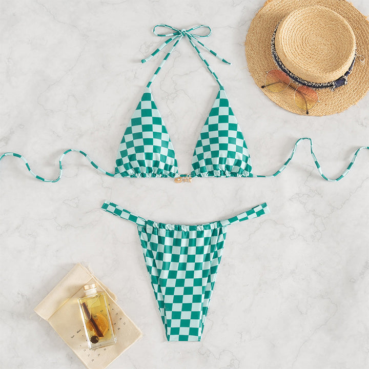 Damen Triangel-Bikini mit modernem Karodesign und verstellbaren Bändern Drune