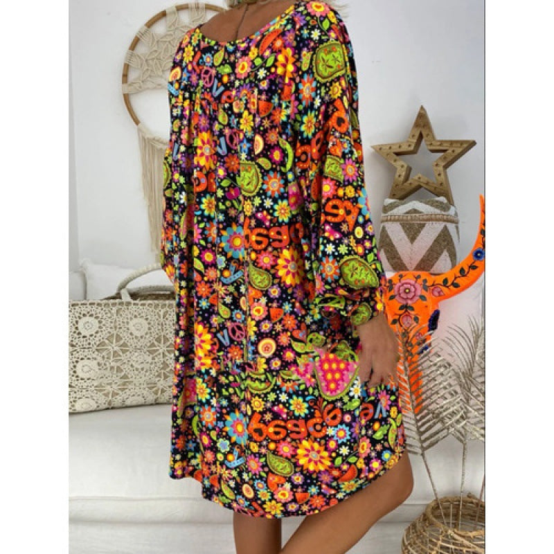 Damen Freizeitkleid mit buntem Blumenmuster und tiefem V-Ausschnitt Drune