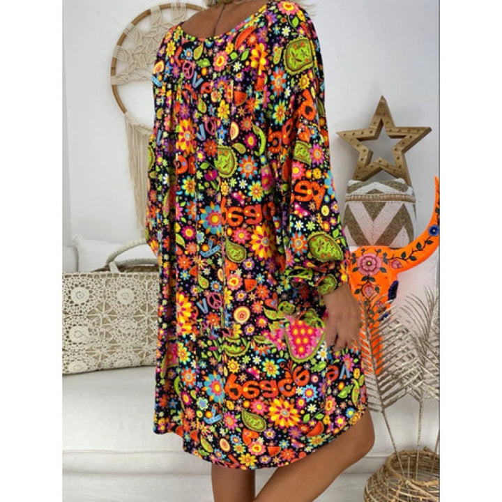 Damen Freizeitkleid mit buntem Blumenmuster und tiefem V-Ausschnitt Drune
