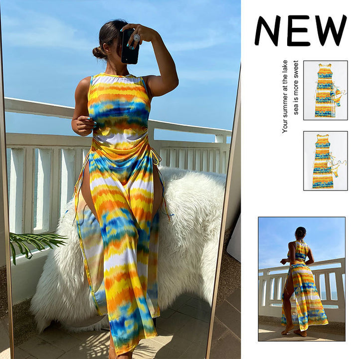 Damen Maxikleid mit modischem Wickeldesign und lebhaftem Tie-Dye-Muster Drune
