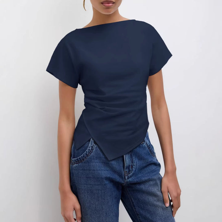 Damen Cropped T-Shirt mit asymmetrischem Schnitt und dekorativem Drapierungseffekt Drune