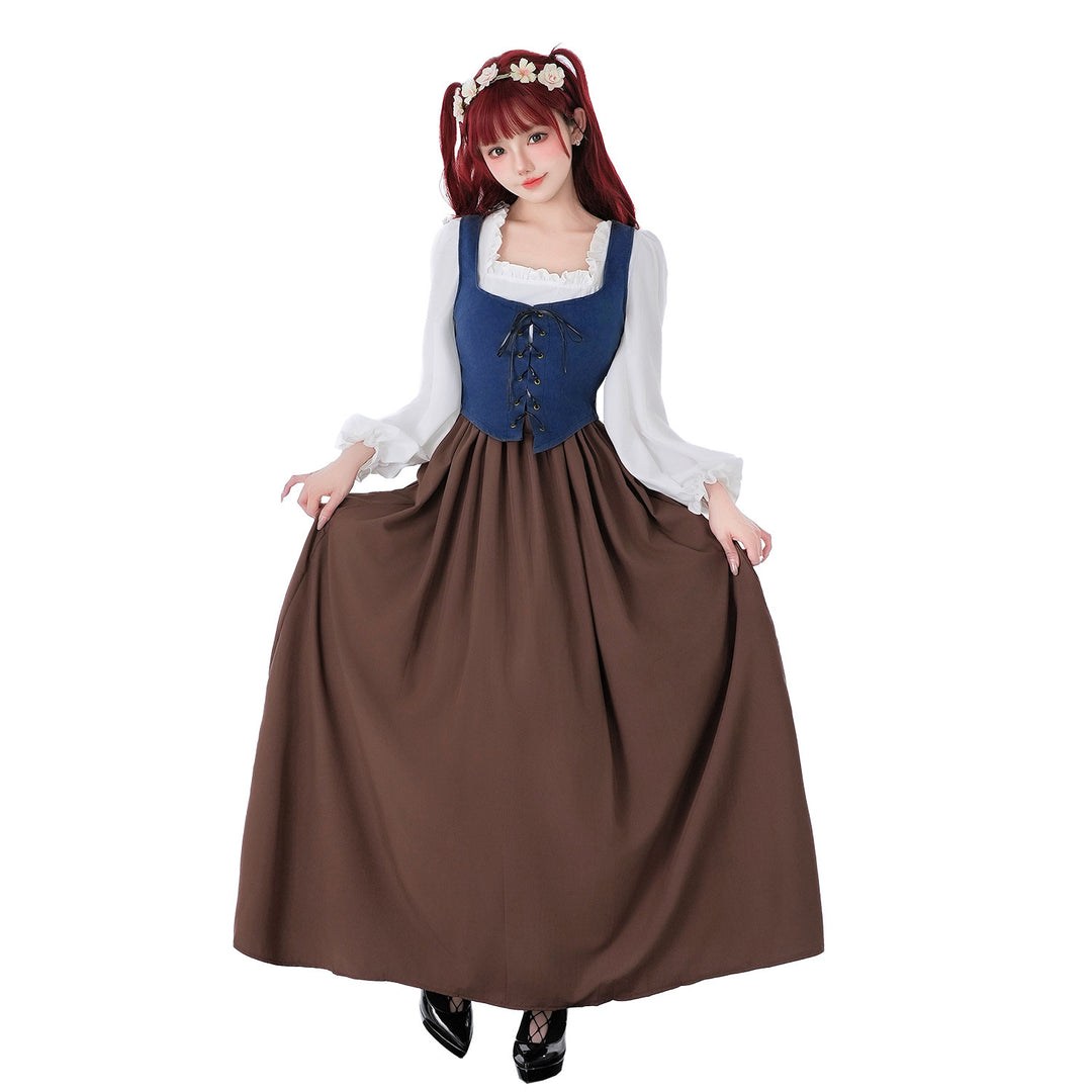Damen nan mittelalterliches Dirndlkleid mit Schnürmieder, weiten Rüschenärmeln und bodenlangem Rock Drune