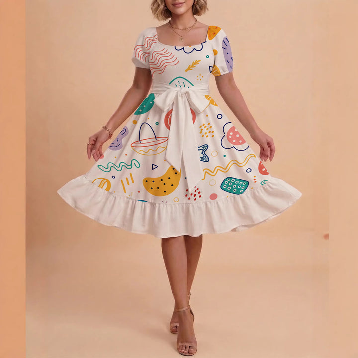 Damen Sommerkleid mit floralem Puffärmel und taillierbarem Gürtel Drune