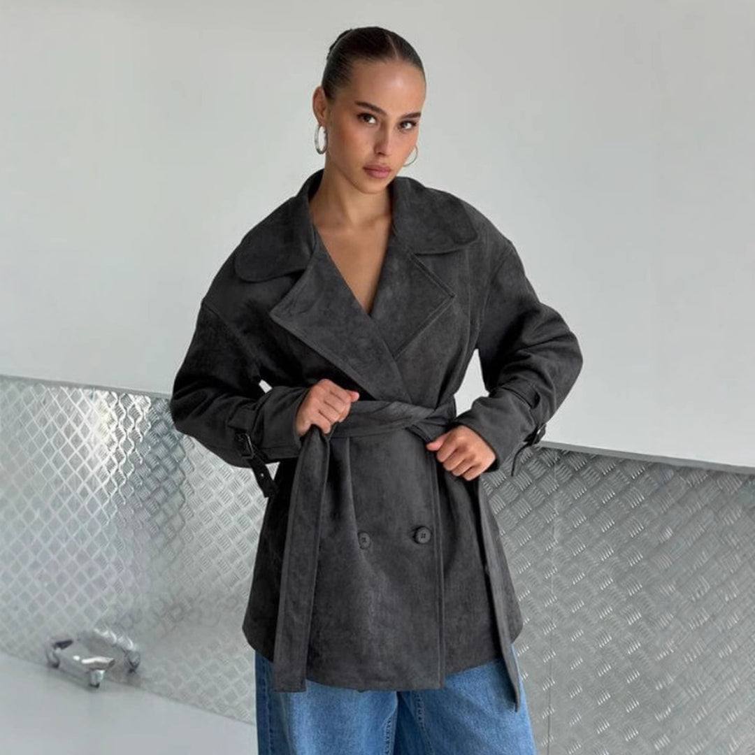 Damen Modische Suede-Jacke mit Gürtel und doppelter Knopfreihe Drune