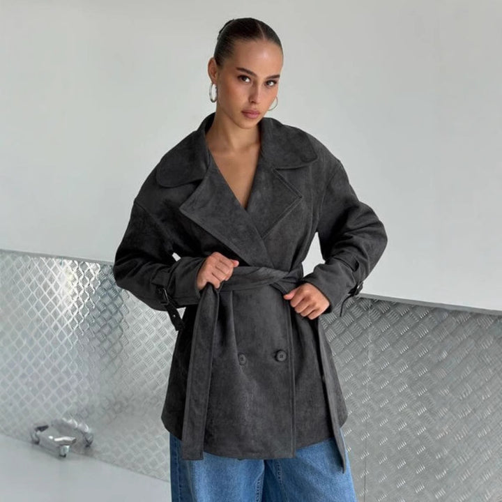 Damen Modische Suede-Jacke mit Gürtel und doppelter Knopfreihe Drune