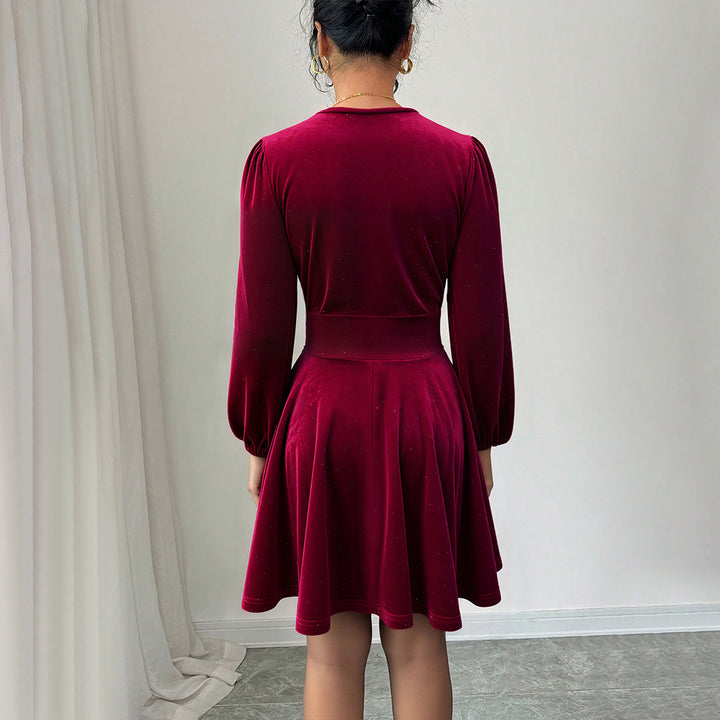 Damen Kurzarm Kleid mit eleganten Puffärmeln und V-Ausschnitt Drune