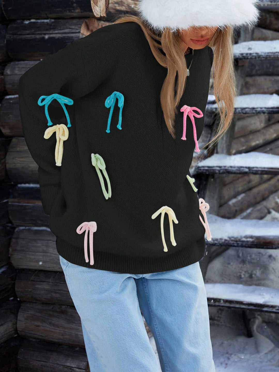 Damen kreative Strickpullover mit bunten Applikationen Drune