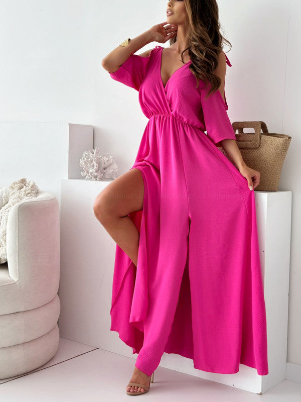 Drune | Satin-Träger-Spitzen-V-Ausschnitt-Langes Kleid