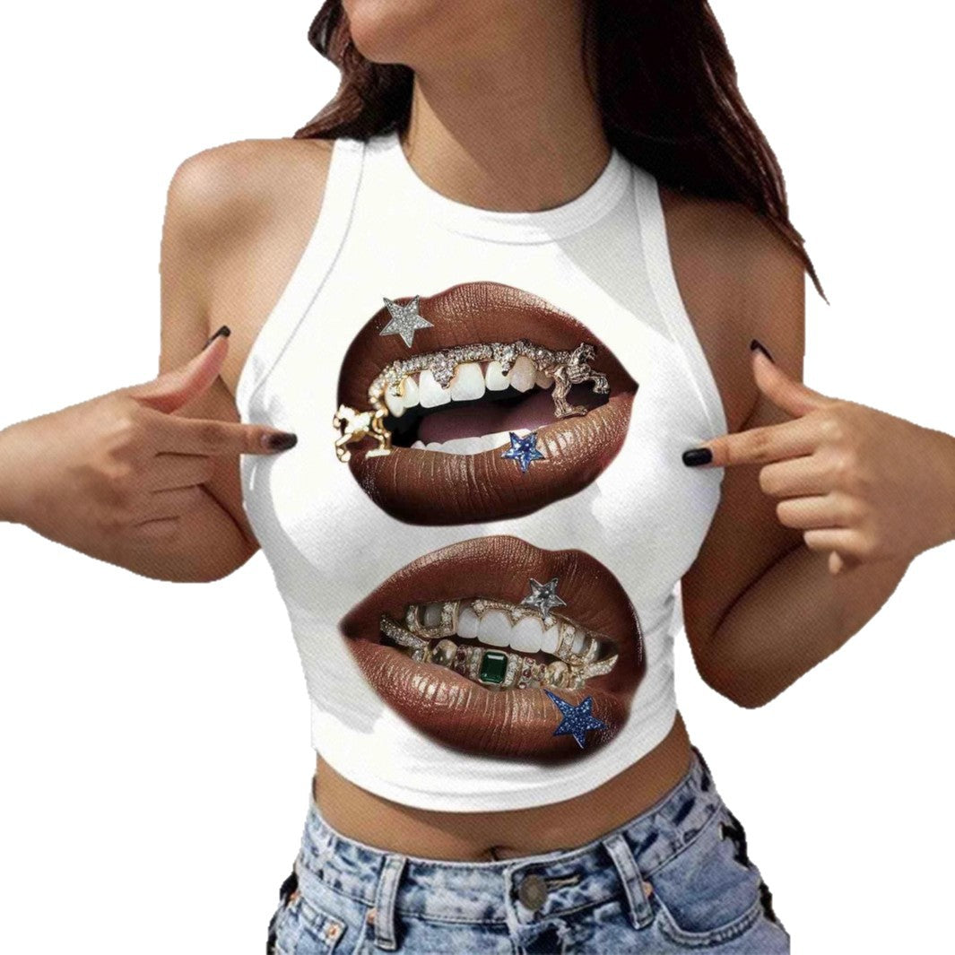Damen Tanktop mit künstlerischem Lippenmotiv und figurbetontem Schnitt Drune