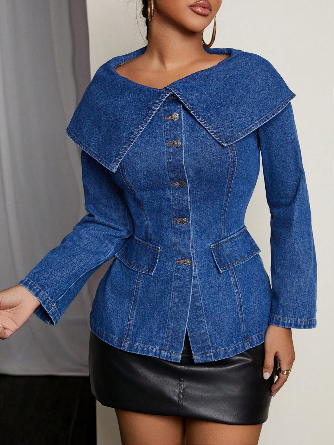 Damen Designer Denim-Blazerjacke mit weitem Kragen und praktischen Taschen Drune