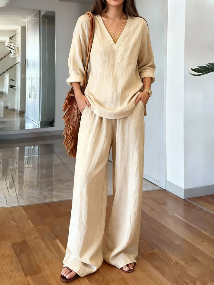 Damen Lässiges Leinenoberteil und weite Palazzo-Hosen Set Drune