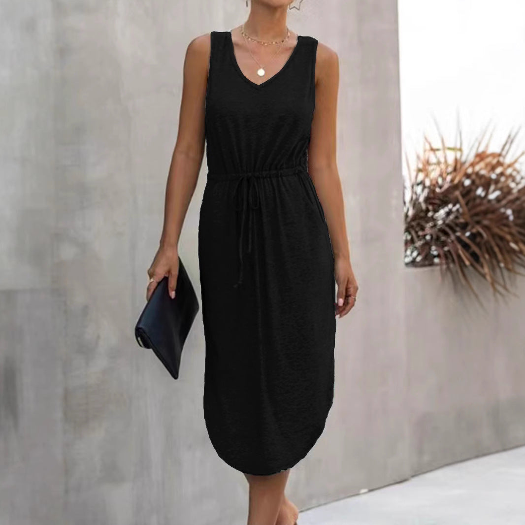 Damen lässiges Maxikleid mit V-Ausschnitt und elastischem Taillenbund Drune