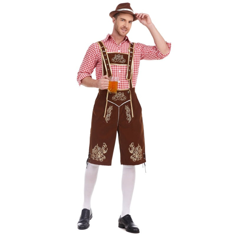 Herren nan Filzoptik-Lederhose knielang mit barocker Stickerei, verstellbaren Trägern und Dekornieten Drune