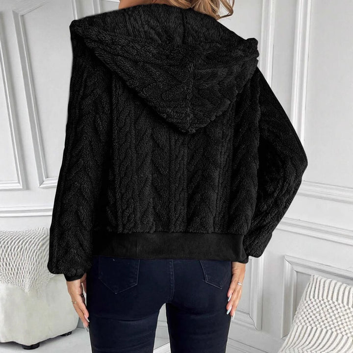 Damen modische Plüschjacke mit Kapuze und gerippten Bündchen Drune