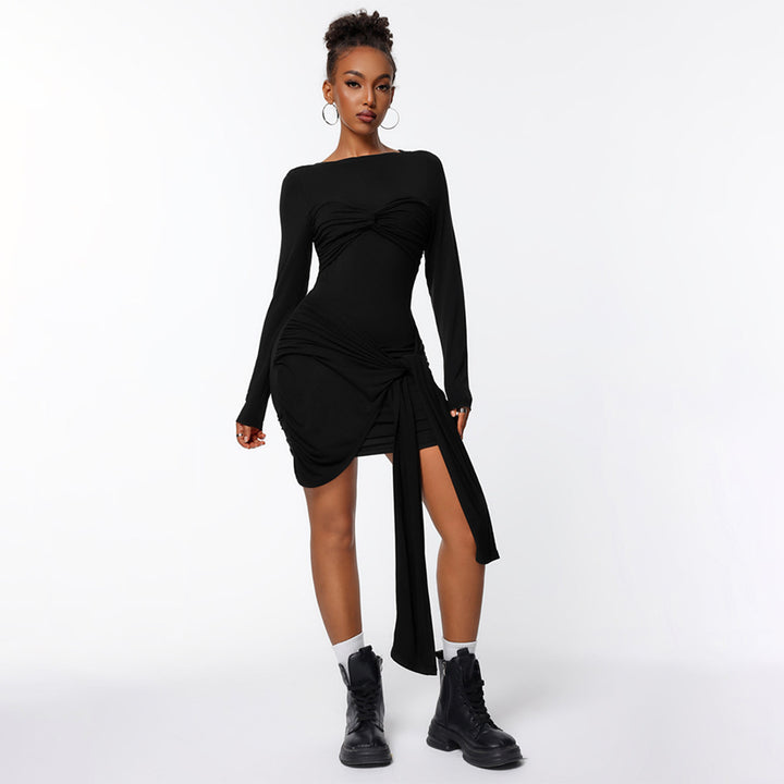 Damen figurbetontes Wickelkleid mit langen Ärmeln und seitlichem Raffungseffekt Drune